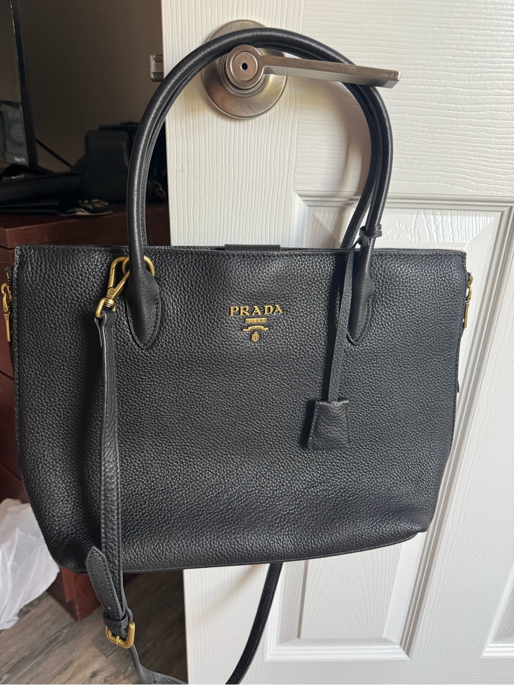 Prada Vitello Phenix Leather Double Handle Tote Black Gold Hardware